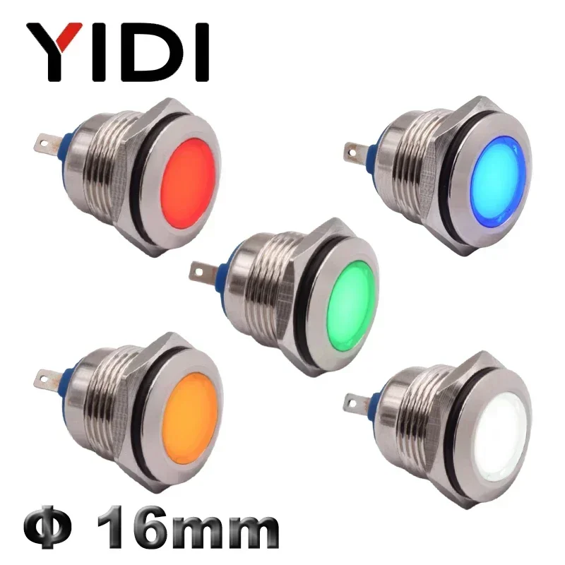 Indicateur LED en métal personnalisé de 16mm, indicateur monté sur panneau chromé, lampe pilote, lampe de signalisation 12V 24V 220V, rouge vert bleu