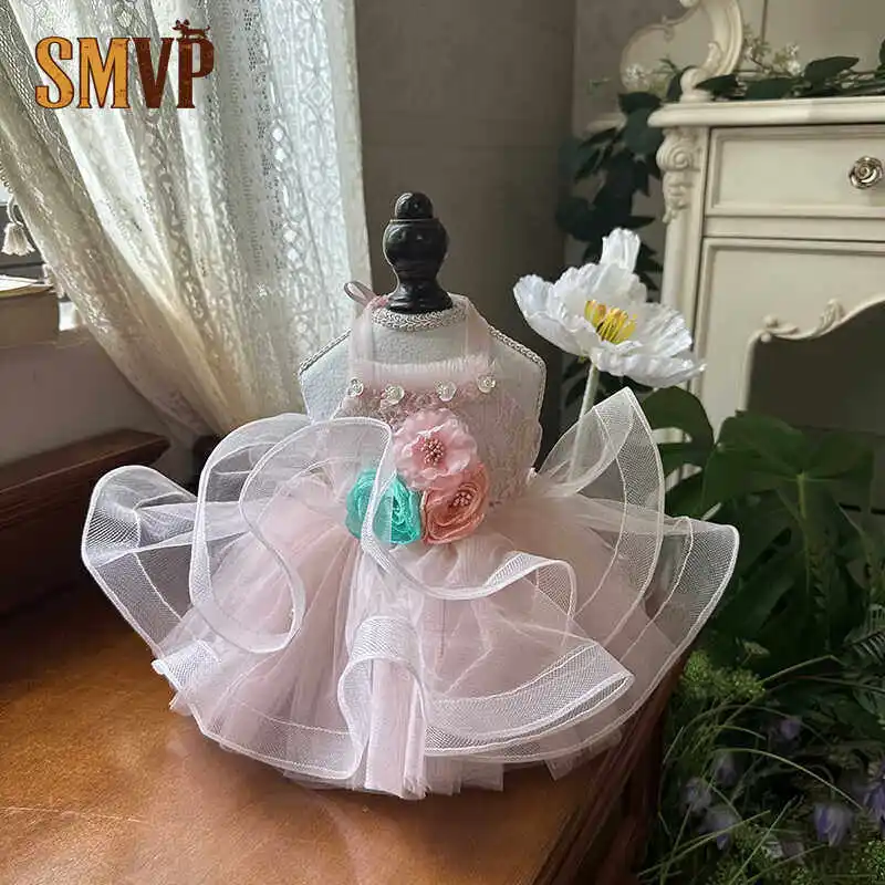 Luxury Custom Light Pink Pet Wedding Gown 3D Floral Decor Ruffled Multi-Layer Tulle Tutu Dress Handmade Costume for Small Pets