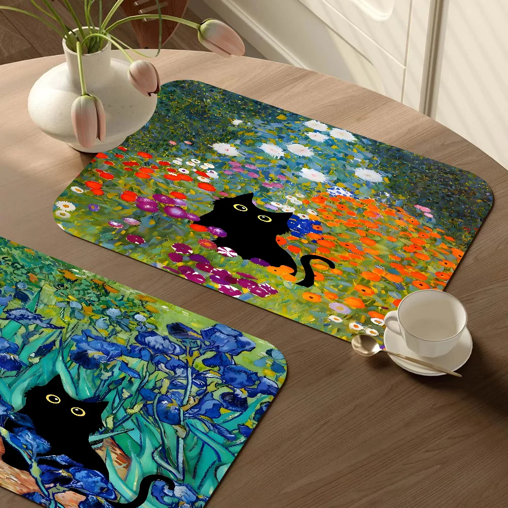 

Monet Waterlily Cat Kitchen Dish Mat Absorbent Dining Table Mats Retro Non-slip Placemat Coffee Dish Tableware Mat