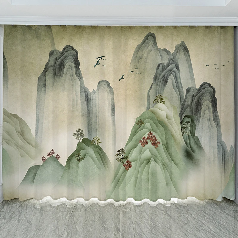 New Chinese Landscape Ink Landscape Painting Chinese Style Living Room Balcony Tea Room Partition Curtain Window 2 panels