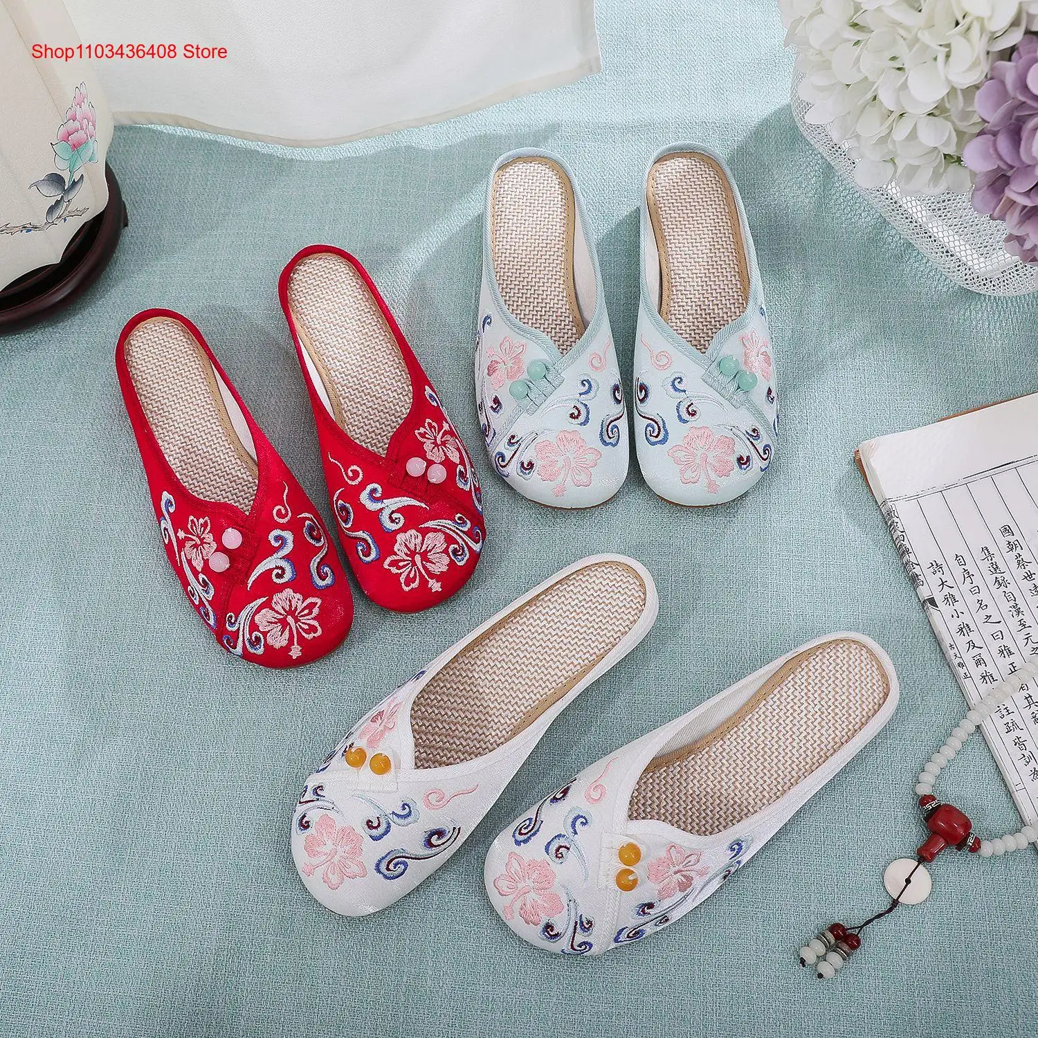 Women\'s Summer Breathable Linen Hanfu Shoes Half Slippers Soft Bottom Ethnic Style Embroidered Shoes