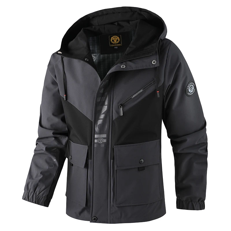 Men's Brand Accents Color-Block Tactical Jacket - Waterproof, Adjustable Hood Anti-Tear, Durable for Outdoor & Street Style
