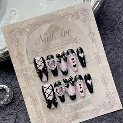 Uñas postizas hechas a mano para niñas, 10 piezas, Color negro y rosa, diseño de lazo, perlas francesas, parches de cristal