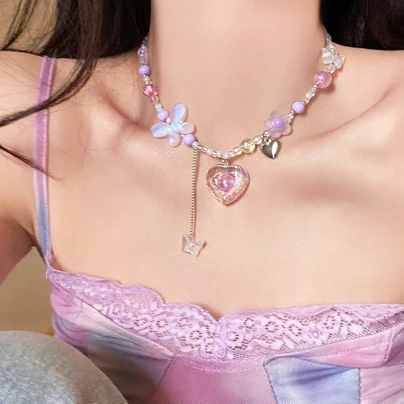 

Kpop goth Y2K heart butterfly pendant choker colorful necklace clavicle chain for Women girl punk sweet esthetic jewelry party