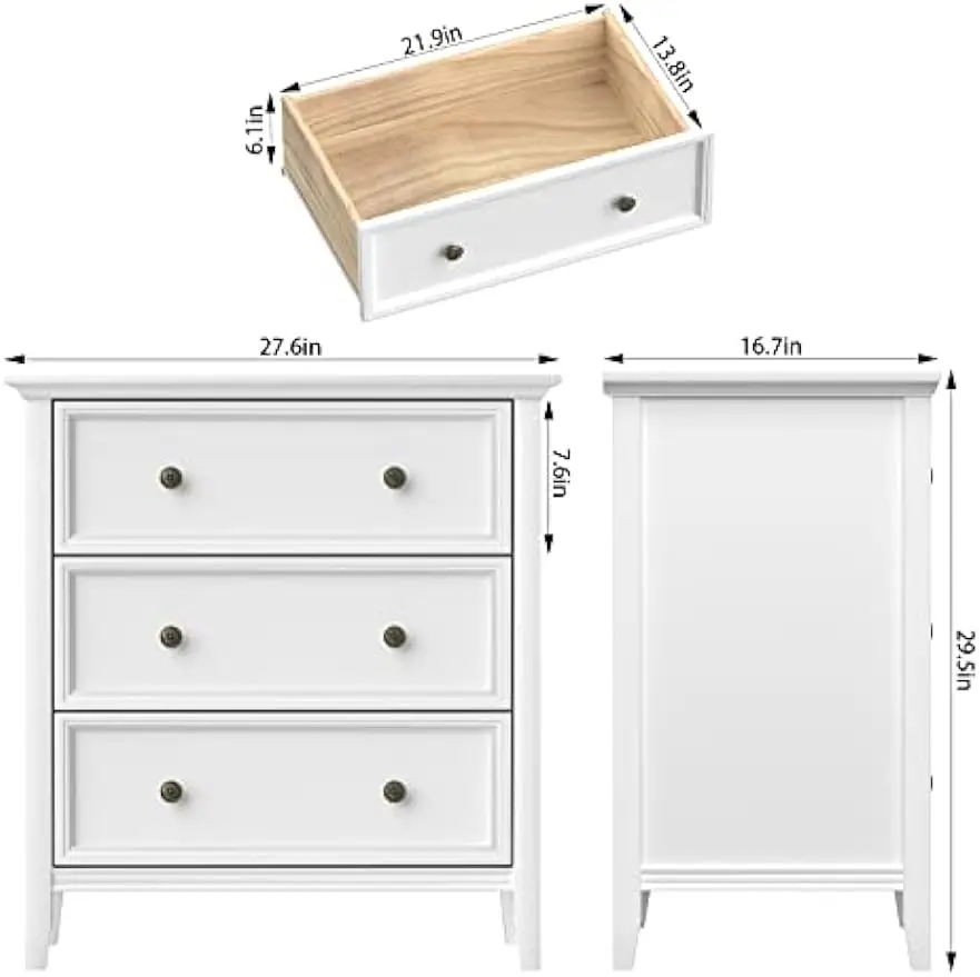 Nightstand 3 Drawer Dresser for Bedroom,End Table Side Table for Bedroom,Living Room, Closet White