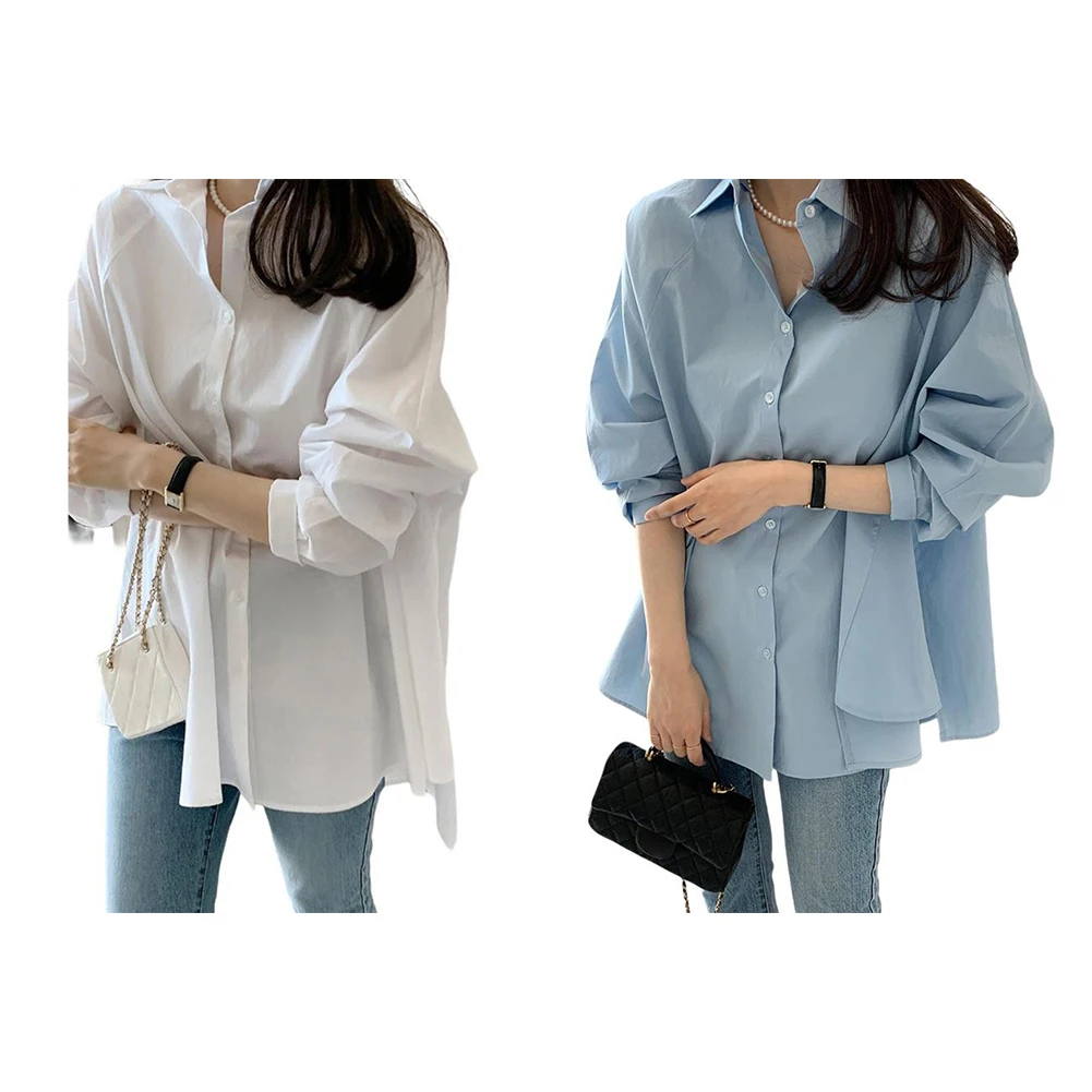 편안한 아크릴 소재로 제작된 독창적인 독특한 디자인의 단색 여성용 긴 소매 루즈핏 셔츠