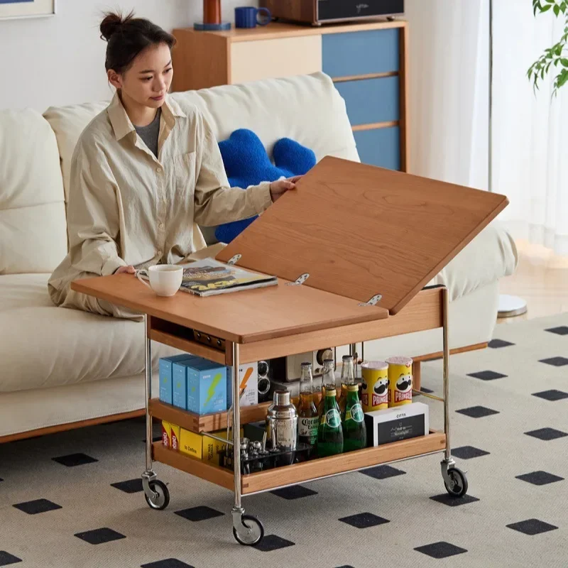 

Solid wood coffee table living room household trolley movable folding edge few multi-functional small apartment tea table