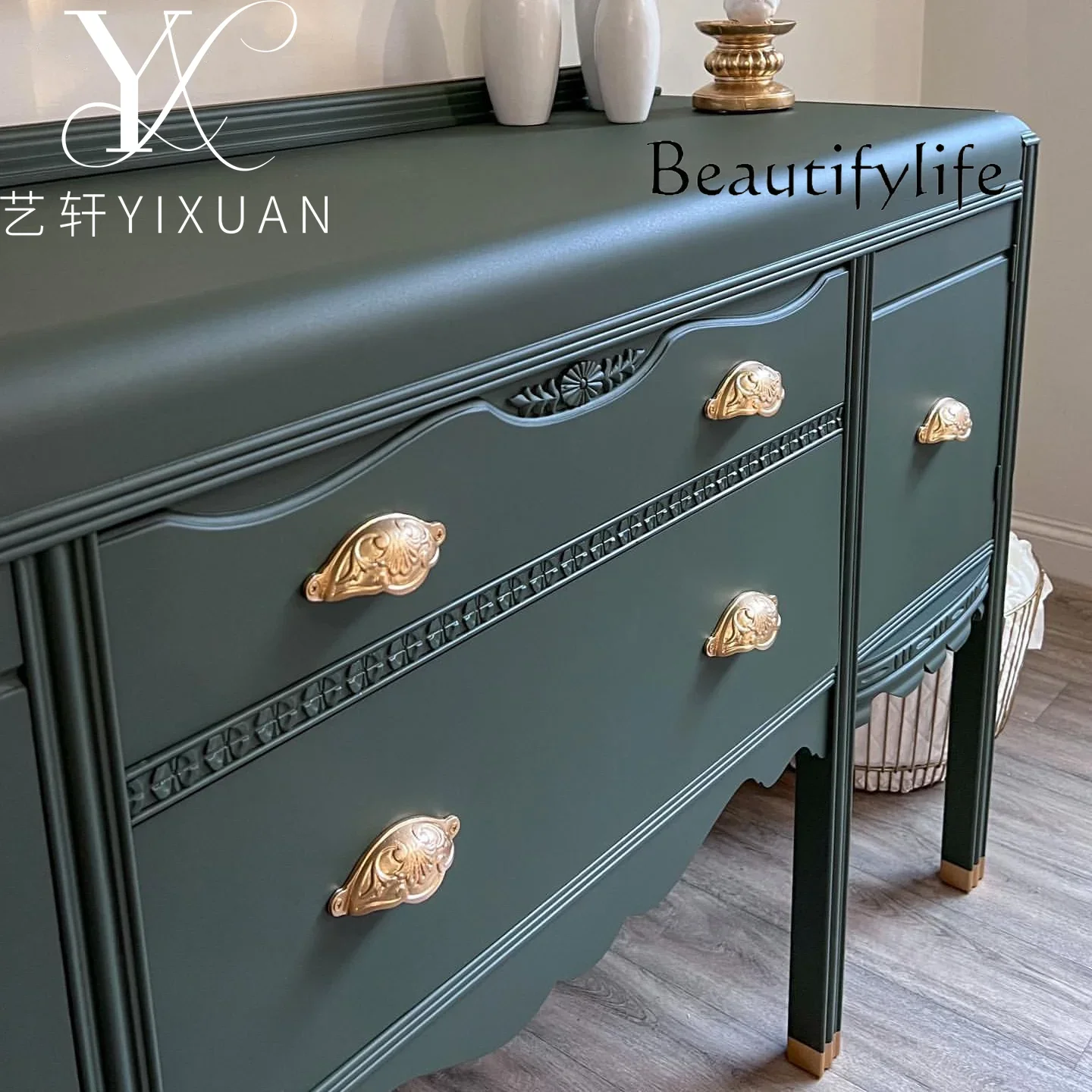 Rr ZY الفرنسية الرجعية خشب متين منحوتة الشرفة خزانة غرفة المعيشة الأمريكية ديكور المنزل الطعام خزانة جانبية الفن جدار تخزين الكابينة #4