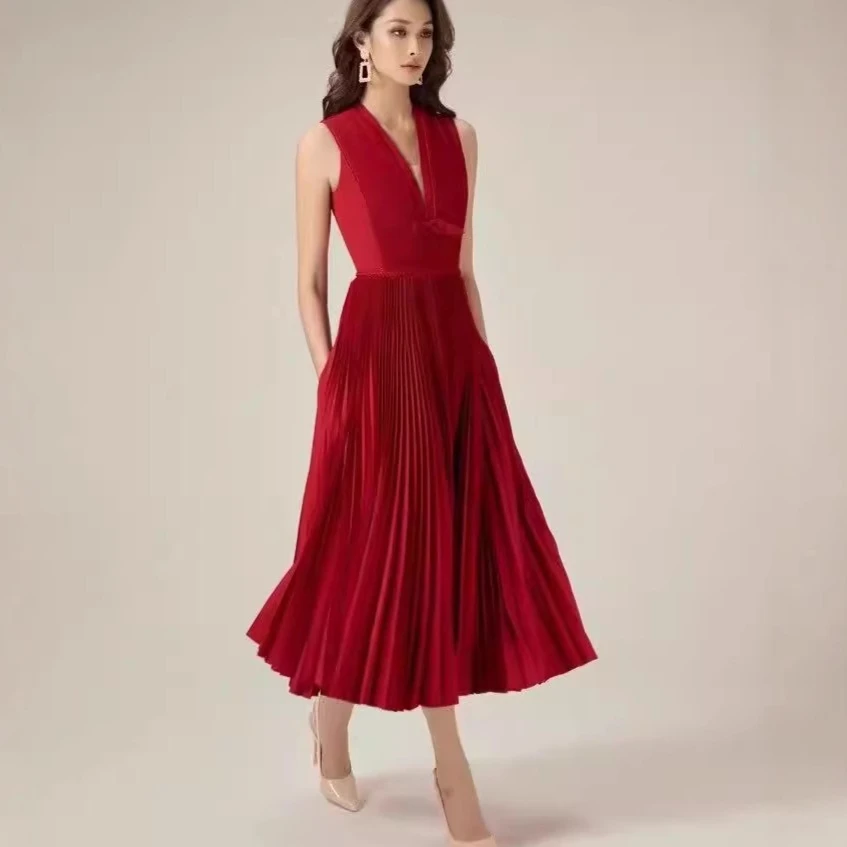 Elegant Red Deep VคอชุดเดรสแขนกุดPaneledสานจีบเสื้อMidiยาวชุดสตรีแฟชั่น 2025