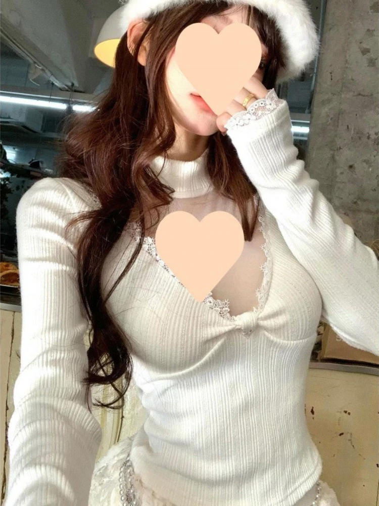Y2k Aesthetic Women Sexy Knitted  T-shirt Vintage Lace Patchwork Grunge Cropped Tshirts Harajuku Vintage See Through Tees Femme