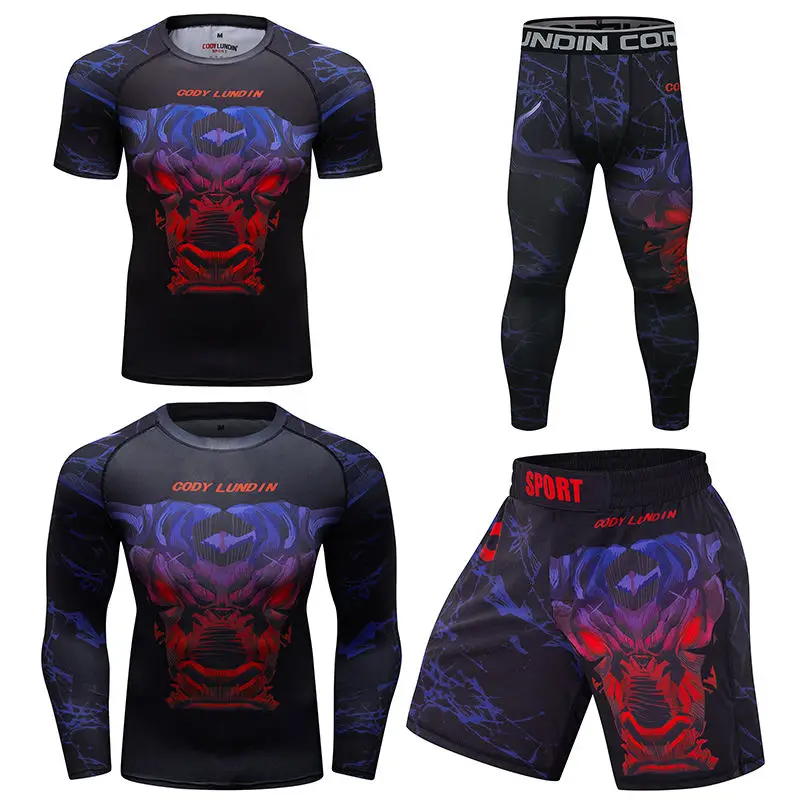 

New Men Rashguard Jiu Jitsu T Shirts+Pant 4Pcs/Set MMA Rash Guard BJJ Jerseys Muay Thai Shorts Compression Kickboxing Sportsuit