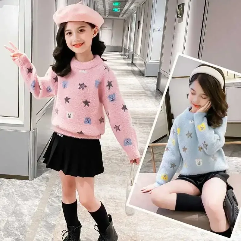 Children's Round Neck Women's Pink Long Sleeved Winter Korean Sweater Girls Thickened Pullover Sweater 5 7 10 11 12 Year Clothes