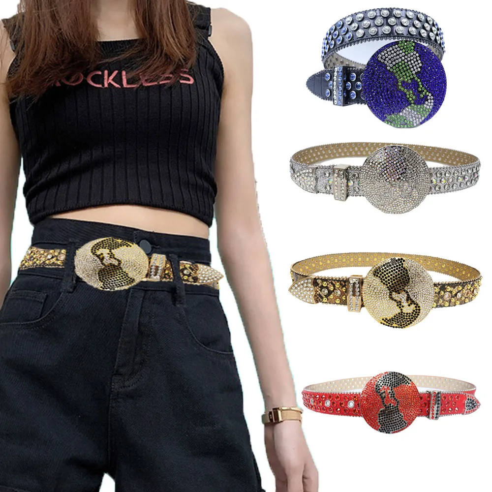 

Ice Belt Y2K Cowboy Cowgirl Bling Sparkly Globe Buckle With Rhinestone Belts For Men Women