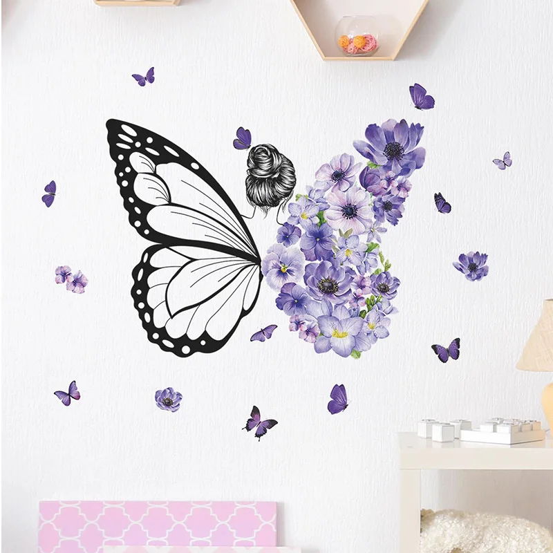 Foreign Trade Creative Purple Flower Butterfly Girl Bedroom Porch Background Beautify Decorative Wall Stickers Wall Decoration