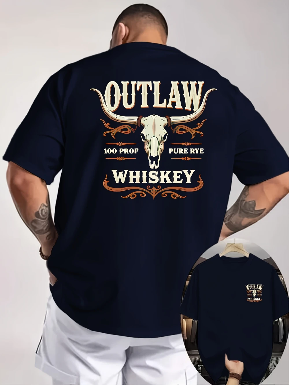 Outlaw Whiskey Western-Style Double-Sided Print Men'S T-Shirt Featuring American Vintage Elements A Loose Top