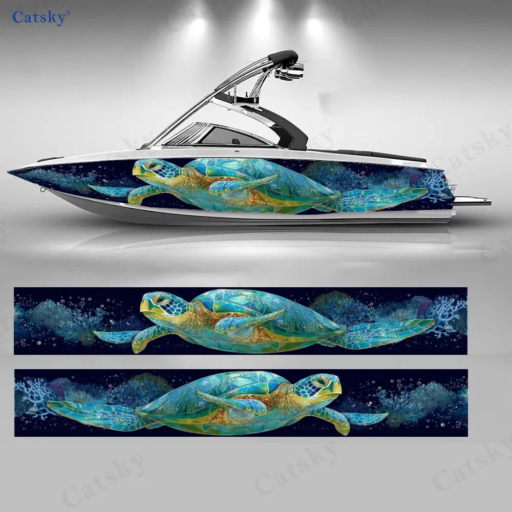 Gilded Coral & Sea Turtle Boat Stickers, PVC Waterproof Durable Vinyl Wrap Decals for Fishing Boats, Durable and Stylish Design