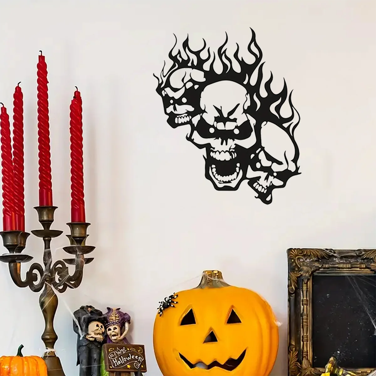 1pc Mesmerizing Iron Crafts Wall Decoration: Refine Your Home Decor with a Spooky Flame Skull Metal Wall Art Collection