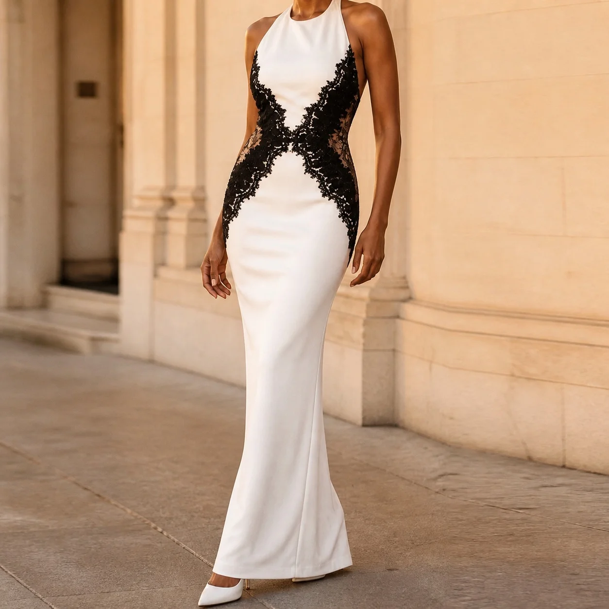 Women's Elegant Lace Sleeveless High Waist Backless Halter Neck Long Bodycon Dress for Wedding Guest Party Prom Floral Print
