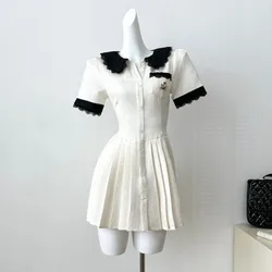 High Quality Preppy Style Student Jacquard Mini Dress For Women 2024 New Summer Sweet Fashion Chic Doll Collar Pleated Dresses