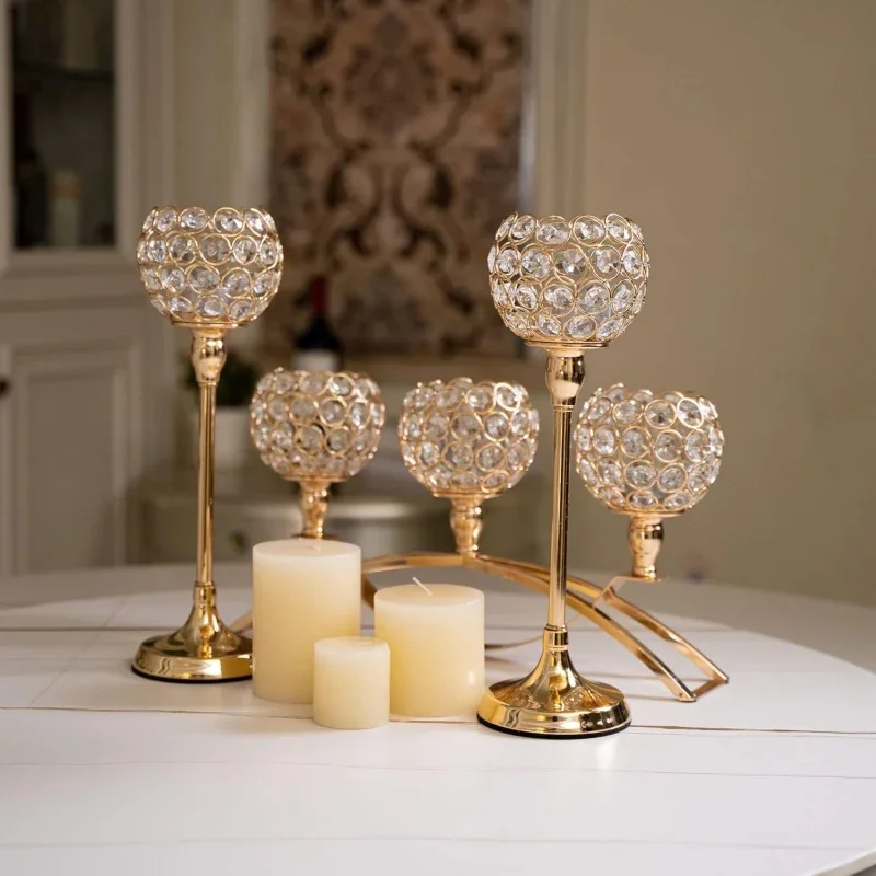 

3 Arms Gold Metal Scented Candle Tea Light Holders Crystal Candelabra Candlesticks Holder Table Centerpieces for Wedding Party