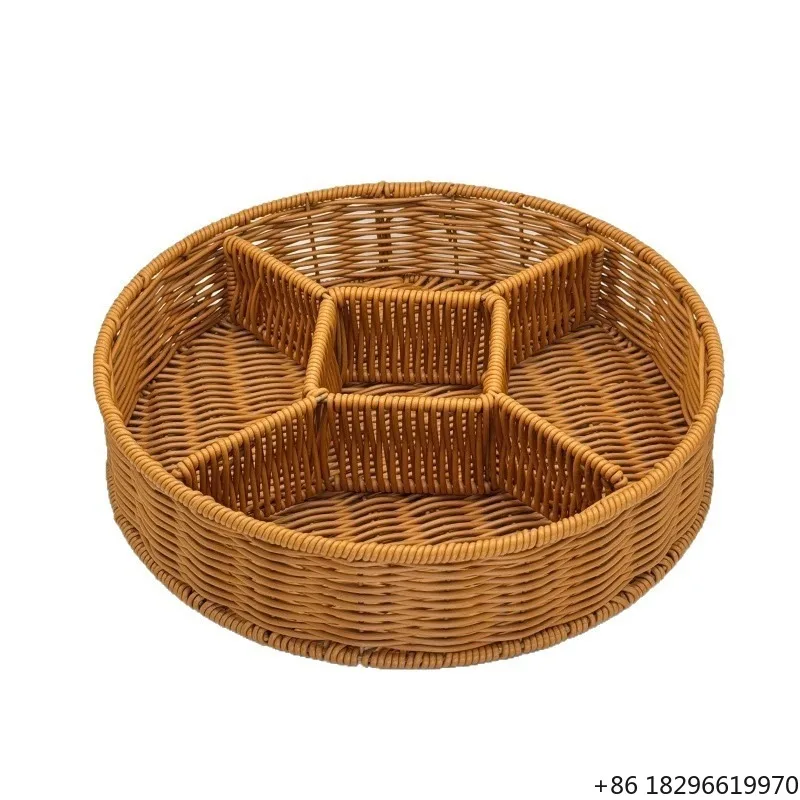 Eco Friendly Woven PP Round Storage Tray With Removable Divider, Washable 4 Compartment Organizer Tray for Desk Home Use