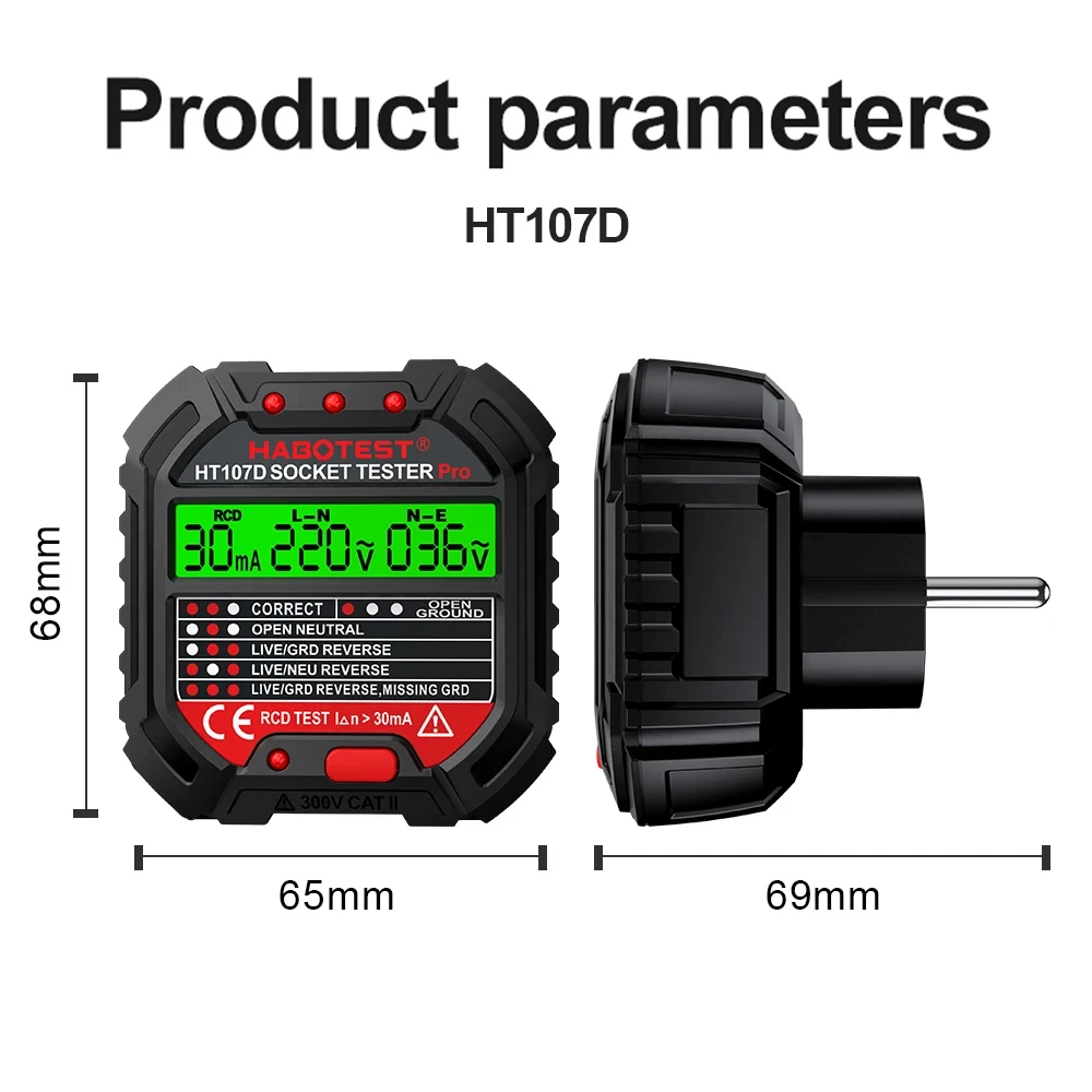 HT106/HT107 Digital Outlet Socket Detector Voltage Test Socket Testers US/UK/EU Plug Ground Zero Line Phase Check RCD NCV Tester