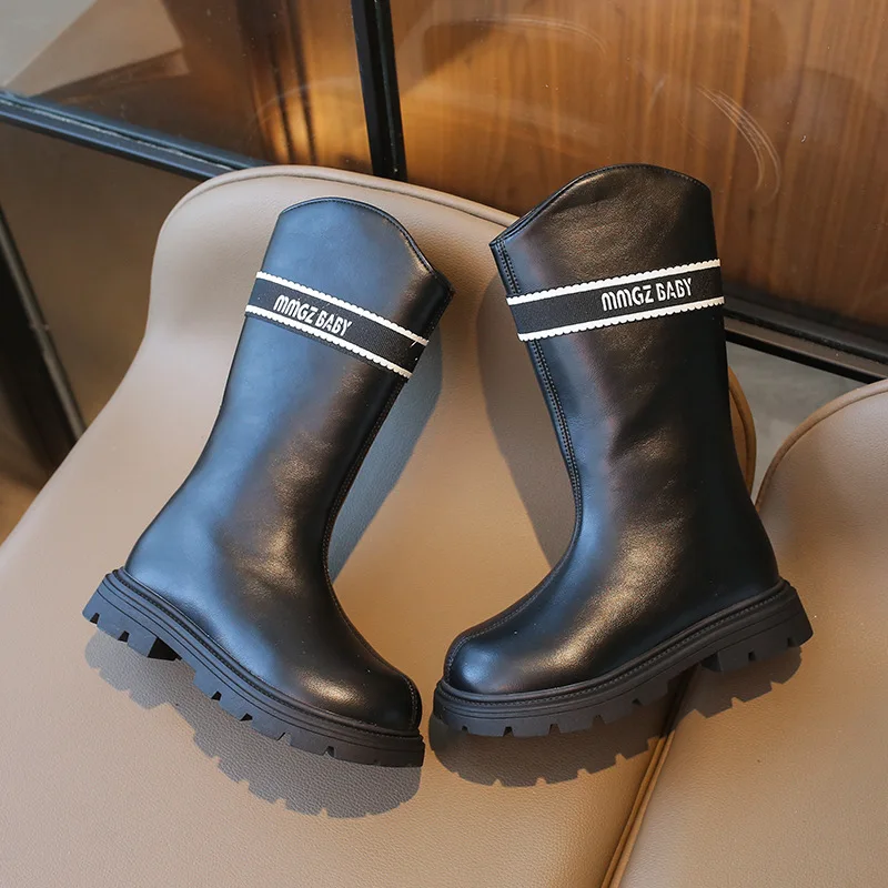 

Autumn Winter Korean Version Girls Leather Boots Letter Solid Color Fashion Boots Fleece Warm Princess High Boots Side Zipper