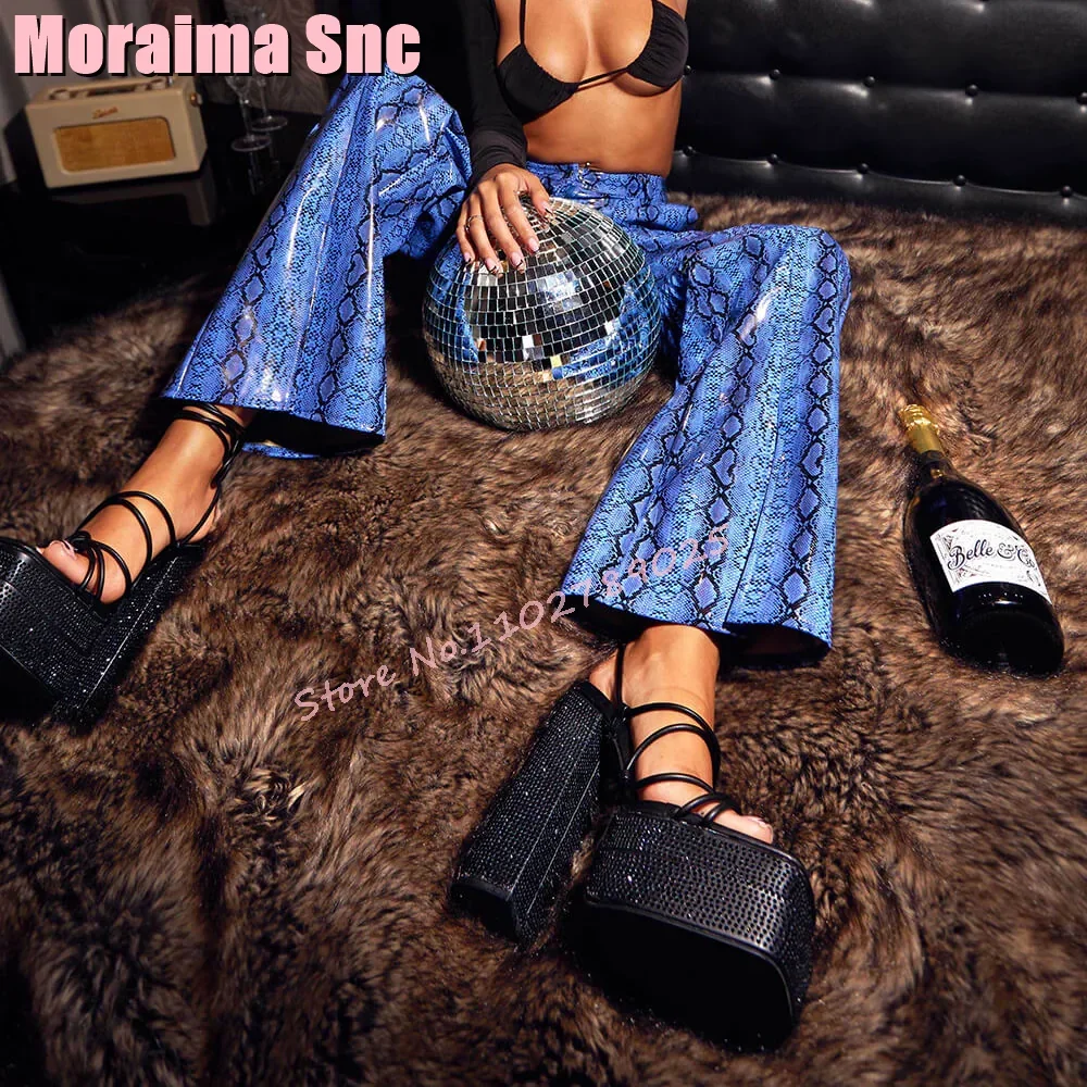 

Crystal Double Platform Cross Strap Sandals Square Toe Lace-up Block Chunky Heel Sexy Fashion Women's Shoes Banquet Party Summer