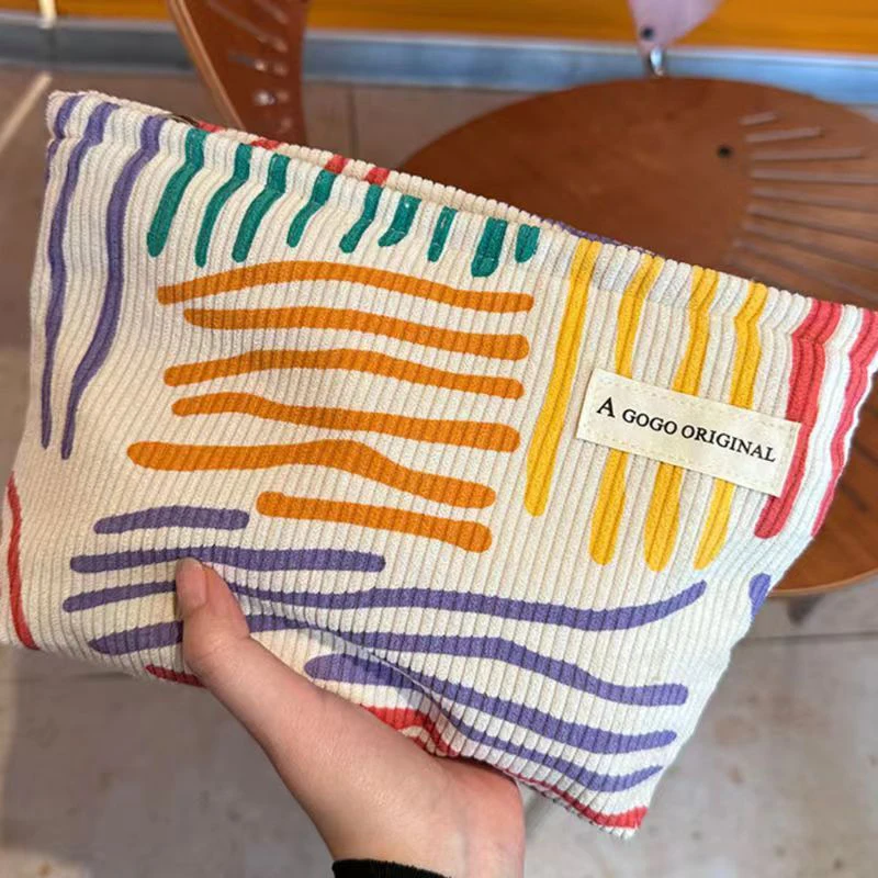 Colorful Stripes Corduroy Cosmetic Bag Portable Travel Toiletry Bag Skincare Sundries Aesthetic Makeup Storage Bag