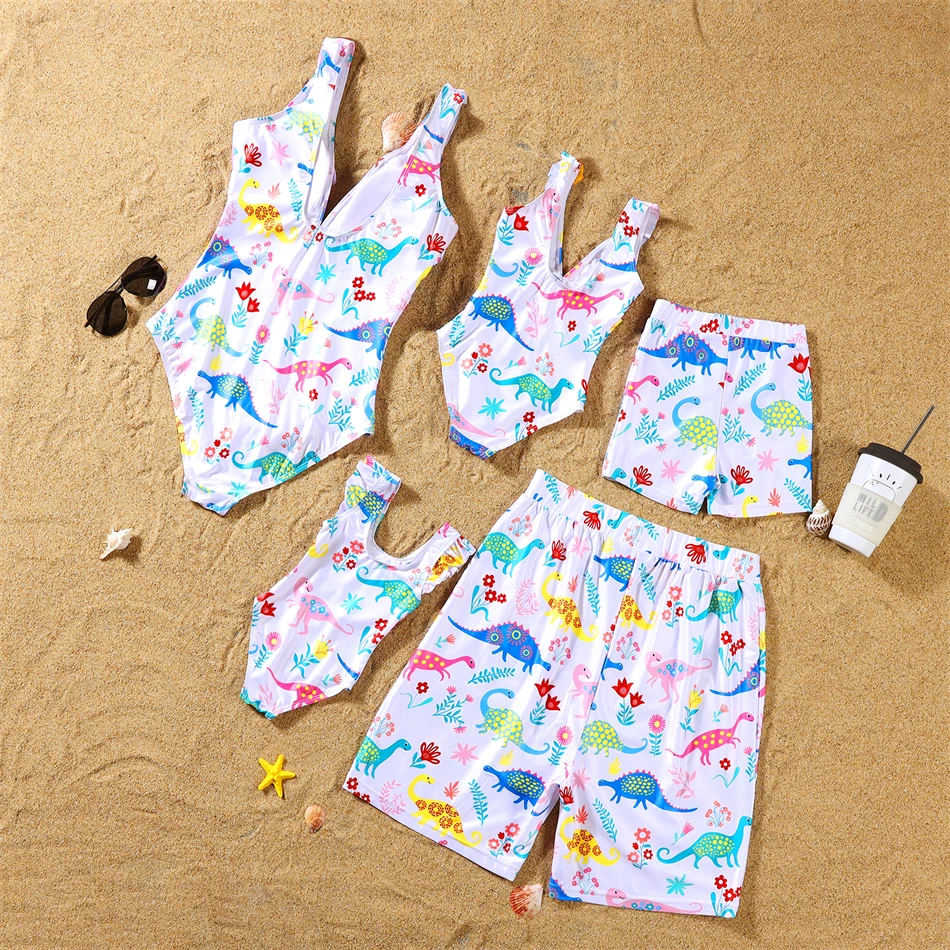Dinosaurs Swimwear Family Matching Outfits V-Neck Mother Daughter Swimsuits Mommy and Me Dresses Clothes Father Son Swim Shorts