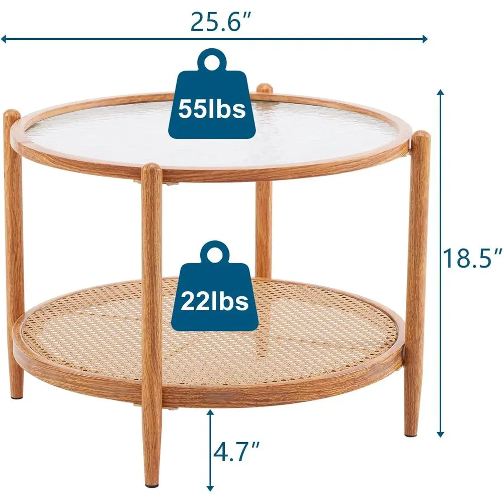 Round Rattan Coffee Table with 2-Tier Storage, Modern Glass Top Center Table for Small Spaces, Farmhouse Style Living Room Furni