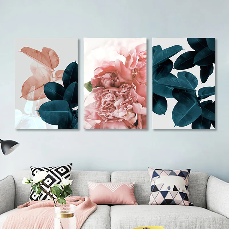 

Modern Tropical Leaf & Flower Triptych Wall Art – Pink Green Botanical Canvas Set for Living Room Bedroom Decor – Nordic Style