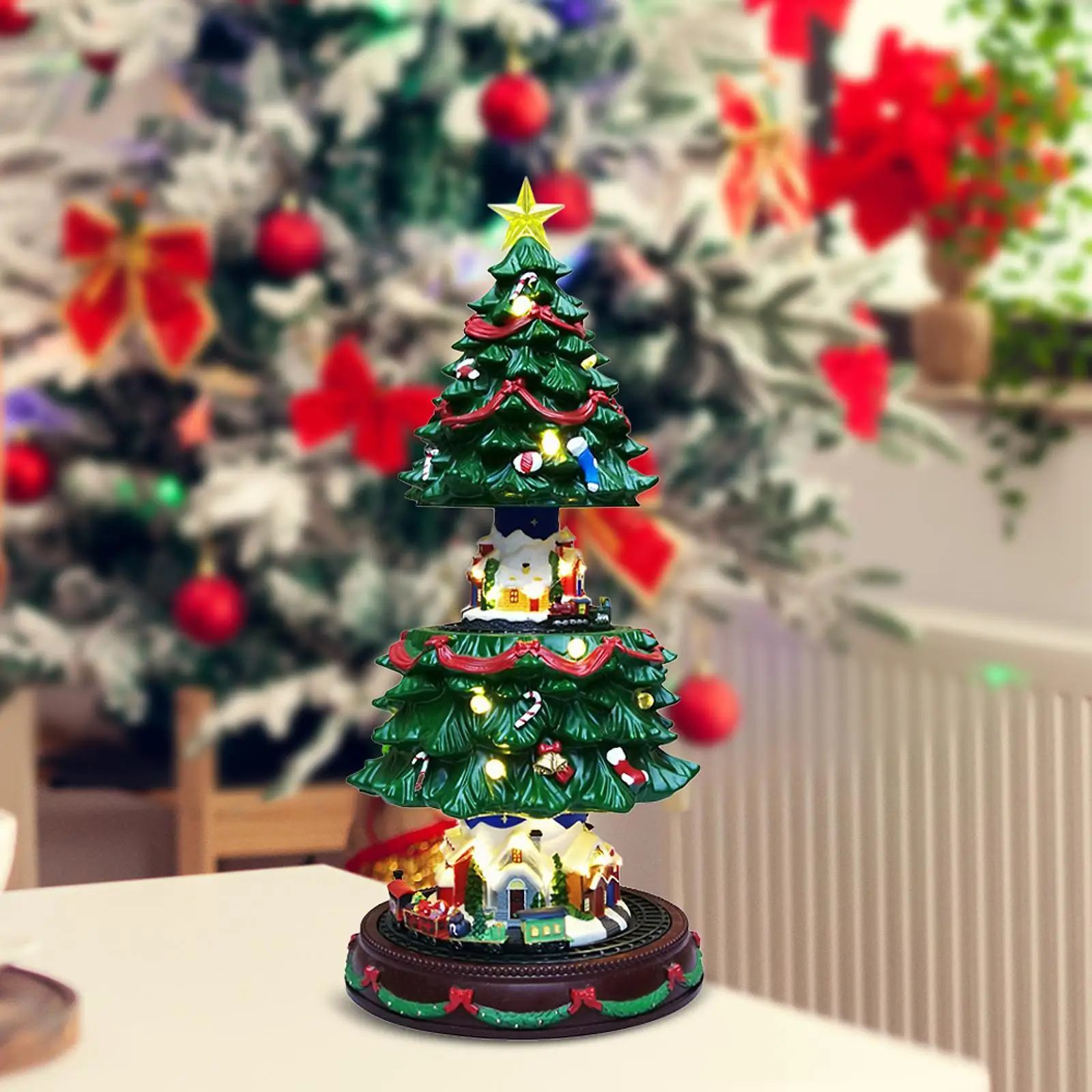 Christmas Tree Music Box Decoration Lighting Tabletop Polyresin Sculpture for Festival Centerpiece Window Display Home Party