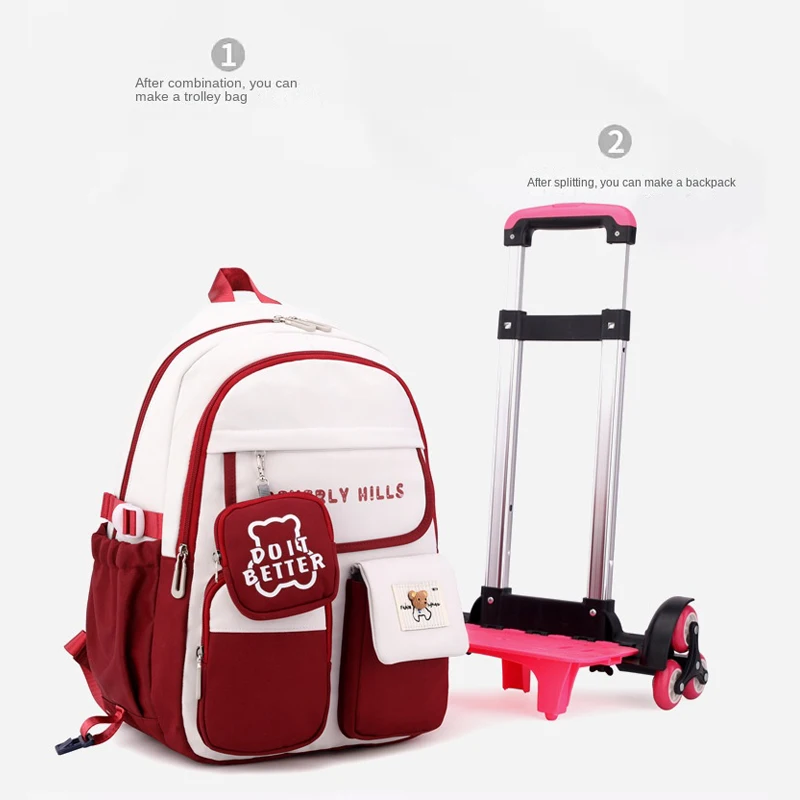 Rolling Wheeled Backpack Book Bag Children School Backpack with Wheels Students School Bags for Girls Trolley Bag Cute Schoolbag