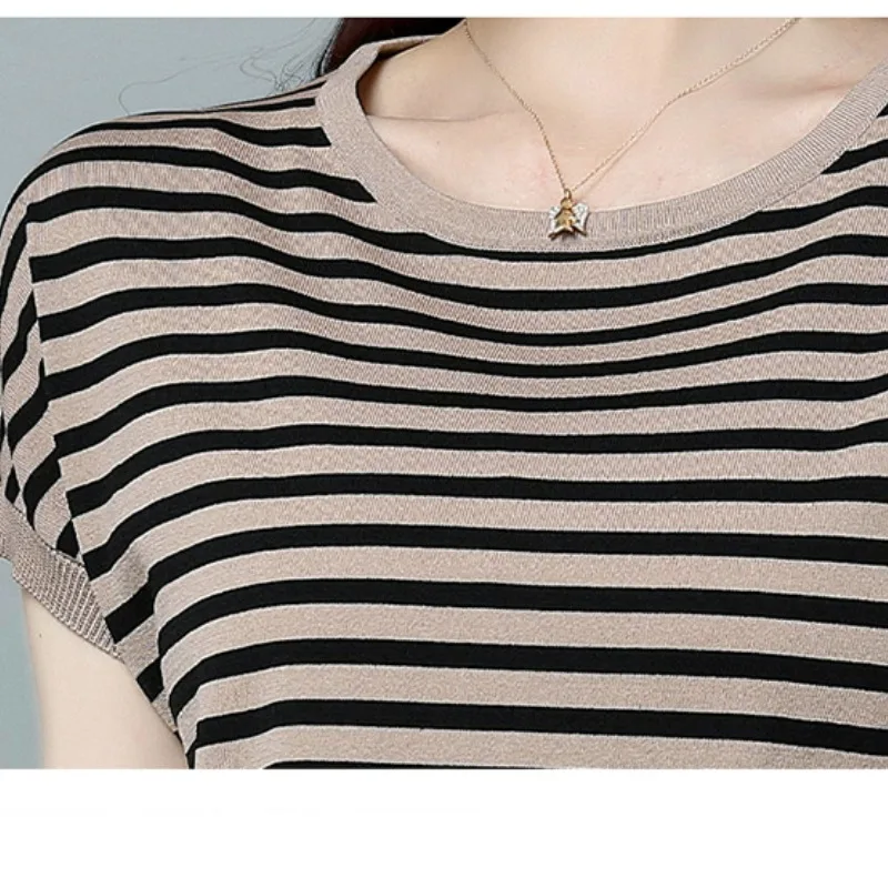 Summer Women's Solid Pullover Round Neck Short Sleeve Stripe Contrast Batwing Sleep tee T-shirt Vacation Fashion Casual Tops