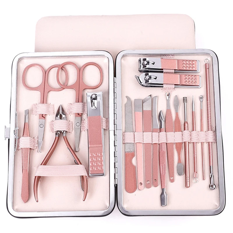 Stainless Steel Nail Clipper Set Grooming Tool Set With Portable Case Manicure Art Tool Pink Nails Cut