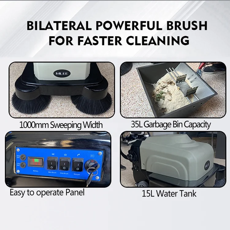 MLEE1000 35L Factory Sweeper Machine Water Sprayer Battery Walk Behind Floor Sweeper