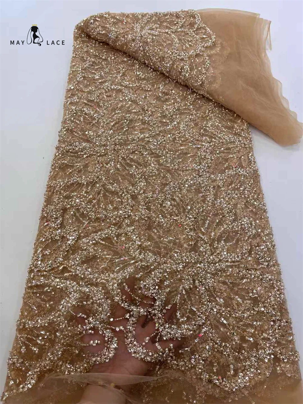 

2025 High Quality New Handmads Beads Sequins African Lace Fabric Beaded French Nigerian Lace Fabric For Dress Sewing Women Party
