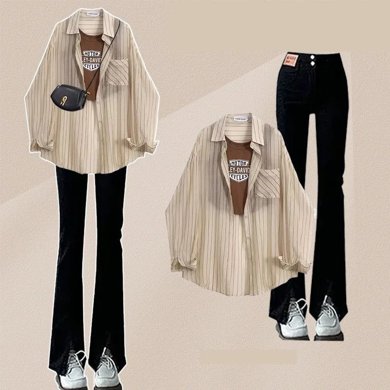 

2025 Women's Spring/Summer New Fashion Tracksuit Matching Set Korean Elegant Striped Shirt+Vest+Black Jeans 3-Piece Female Suit