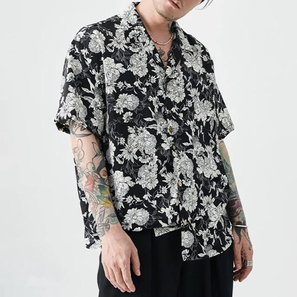 New Summer Original Hawaii Vacation Short-sleeved Shirt Men Korean Black White Printed Tee Shirt Tops Man Casual Clothing Blouse