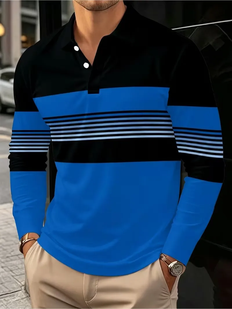 2026 autumn new men's long sleeved POIO shirt, casual and comfortable flip tie button fashionable striped printed top