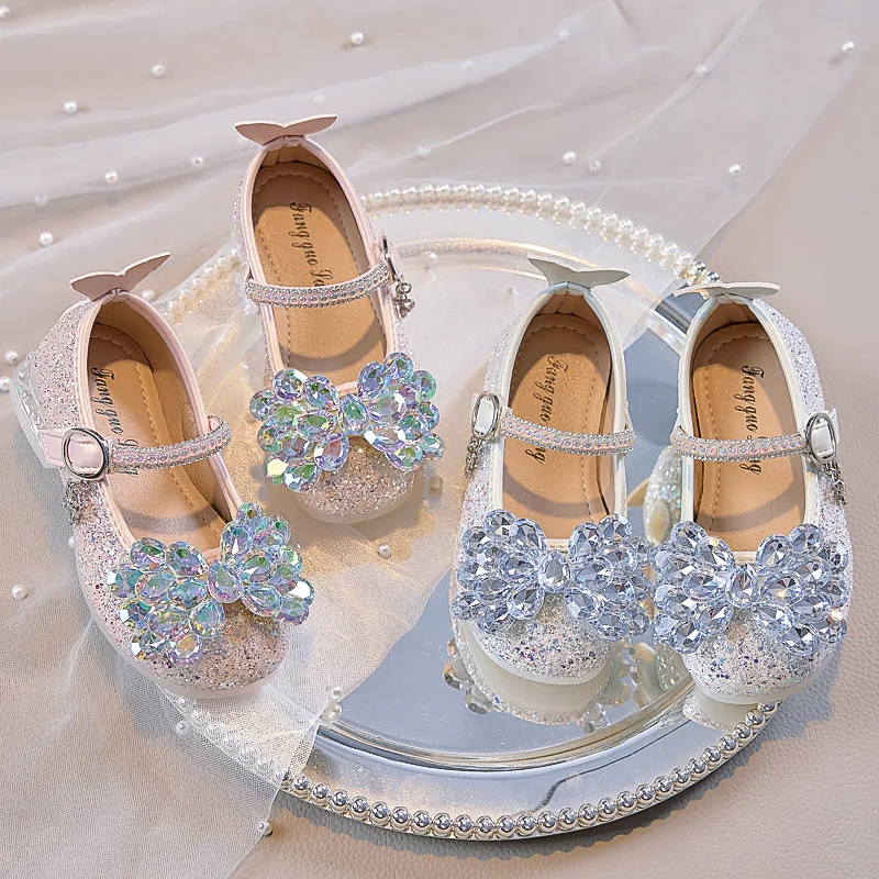 

2025 Autumn Children's Leather Shoes Shiny Bow Girls' Crystal Princess Shoes Soft Bottom Thick Heel Kid's Performance Shoes