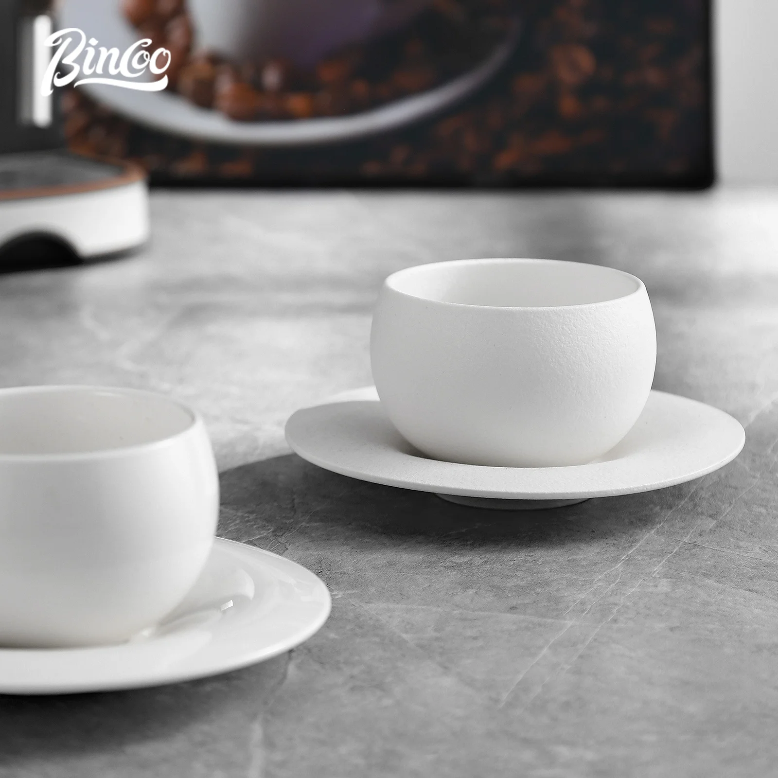 BINCOO 280ml Japanese-style Ceramic Coffee Mug White stone pattern Coffee Cup and Saucer Set Breakfast Milk Cup Egg-shaped Mug