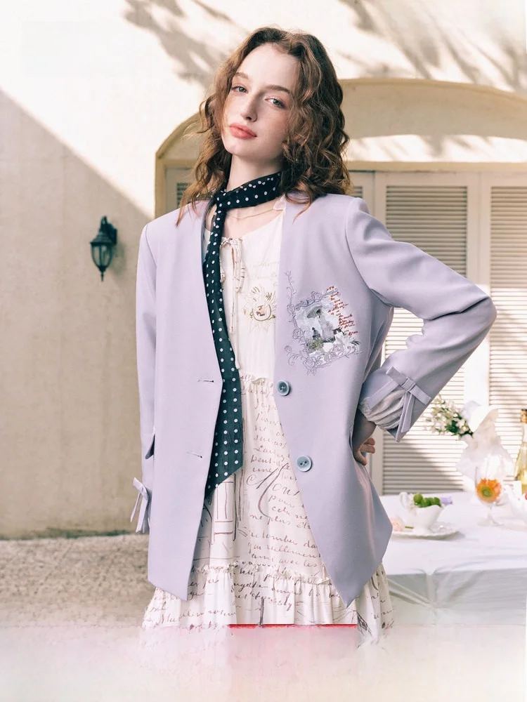 

Весна 2026: Новинка! Свободный женский костюм с принтом и вышивкой, пиджак в стиле кэжуал из полиэстера с длинными рукавами, с цветочным узором.