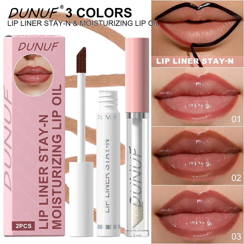

DUNUF 2Pcs Lip Liner And Moisturizing Lip Oil Set Long-Lasting Stay-N Lip Liner Pen Hydrating Plumping Lip Gloss Waterproof Lip