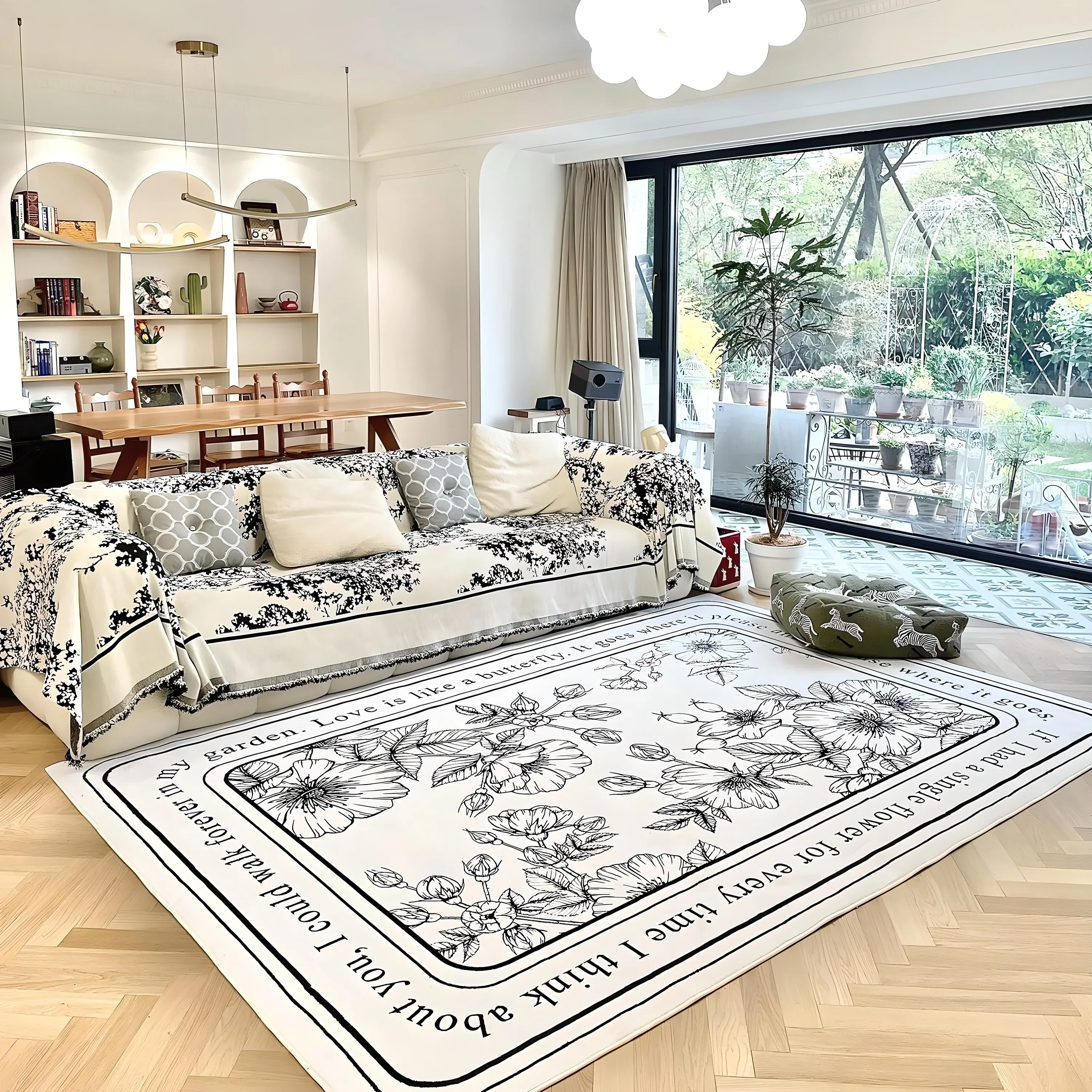 

HD-Винтажный черно-белый коврик с цветочным рисунком и вдохновляющей цитатой для гостиной, спальни