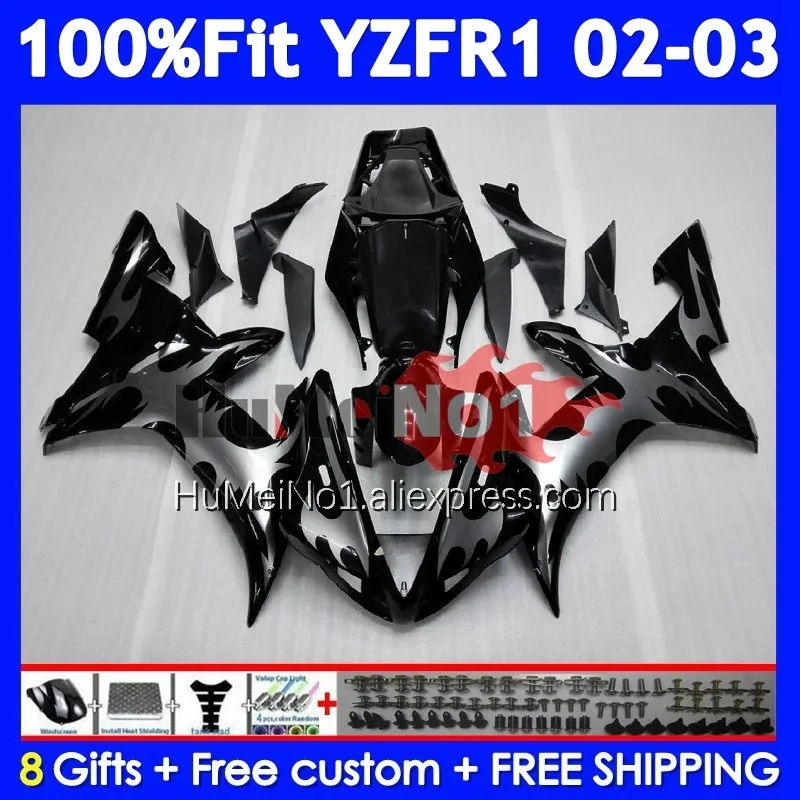 Body For YAMAHA YZF 1000 CC R1 R 1 YZF-R1 Silver flames YZFR1 02 03 365No.8 YZF1000 1000CC YZF-1000 2002 2003 Injection Fairing