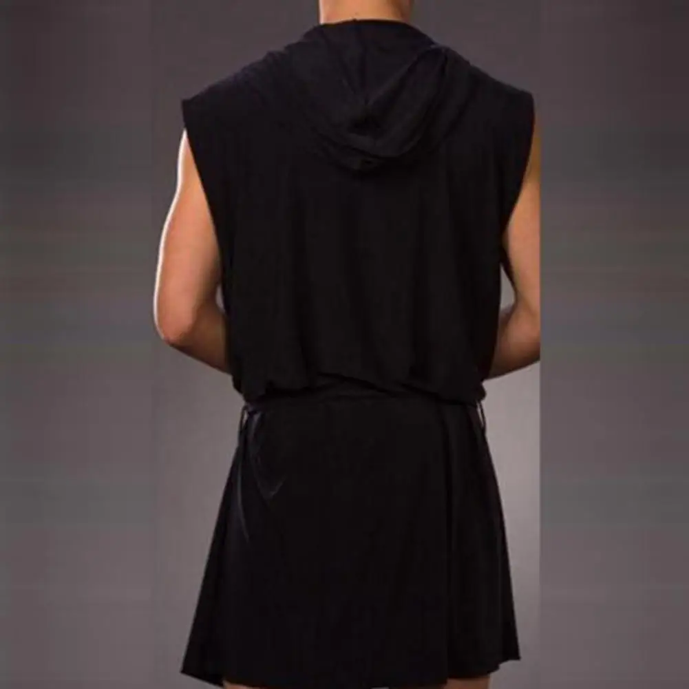 Albornoz con capucha de Color sólido para Hombre, ropa de dormir sin mangas agradable a la piel, pijama Sexy, vestido de verano con capucha para