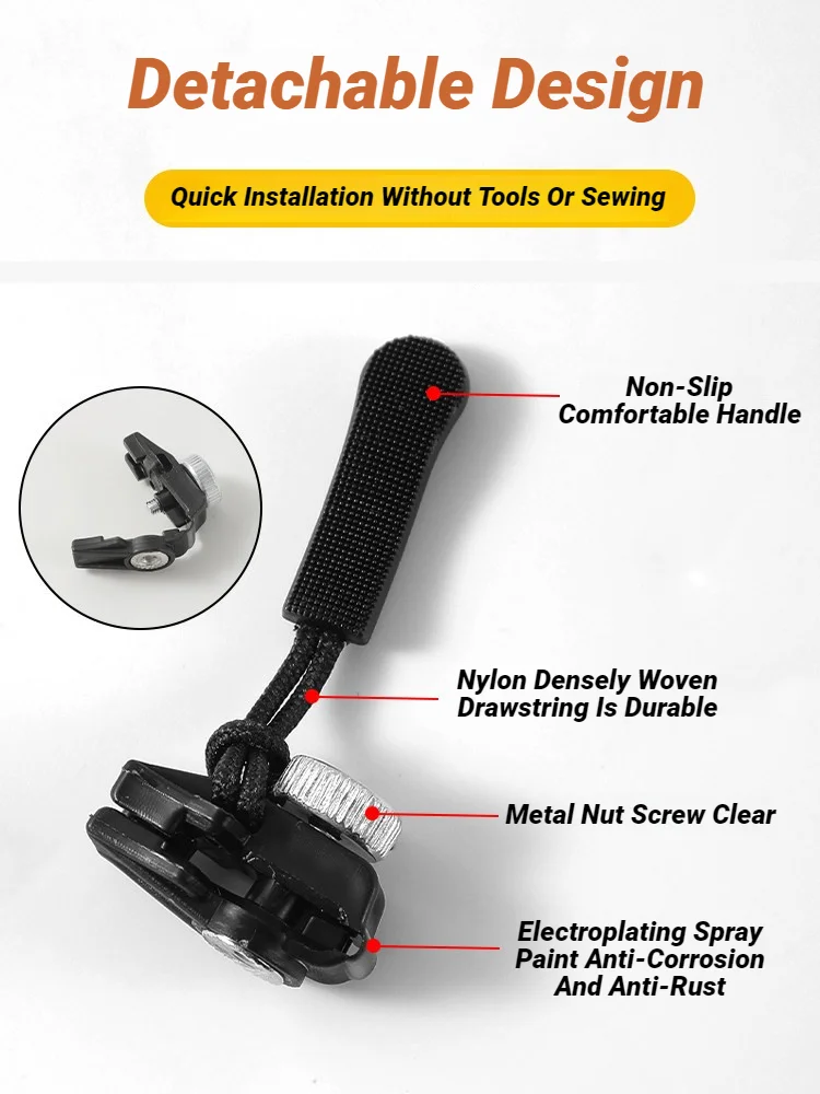 Universal Zipper Repair Kit Quick Instant Detachable Zipper Head Replacement Slider Pull For 3 Different Size
