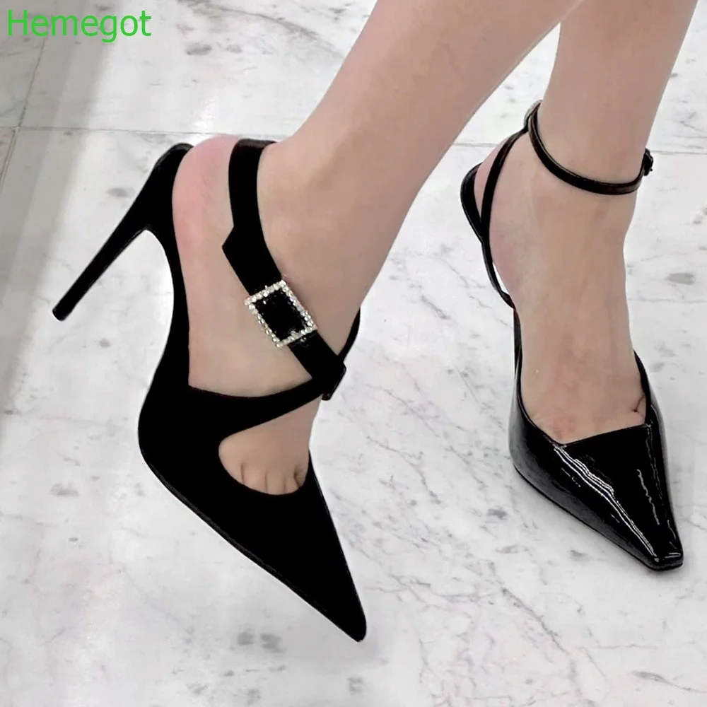 

Rhinestone Buckle Cross Tied Sandal Pointed Toe Shallow Sexy Pumps 2024 Spring New Black Satin 9Cm Fashion Women Thin High Heels